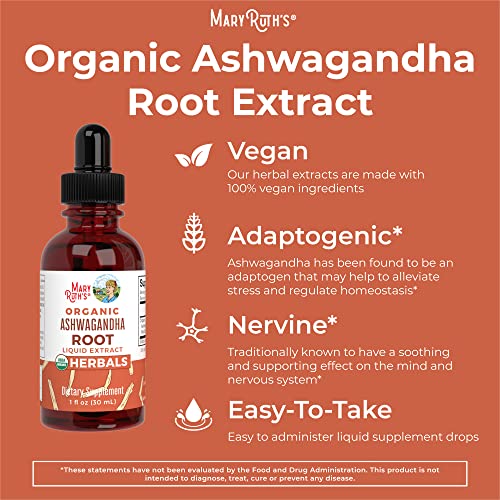 MaryRuth Organics, Herbal Supplement Drops, Stress Relief, Calming, Pack of 1, USDA Ashwagandha Root, Relaxation, Mood Support, Adaptogenic, Nervine, Neuroprotective, Vegan, Non-GMO, 60 Servings