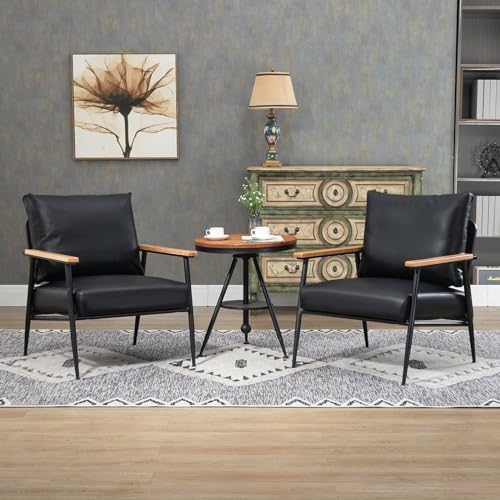 GYI Brown Leather Accent Chair Set of 2, 23.6'' Wide Armchair Set of 2, Industrial Black Metal Frame Accent Chairs with Wood Arms, Mid-Century Modern Comfy Sofa Chair for Living Room, Bedroom