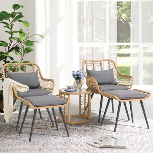 JOIVI 3 Piece Outdoor Wicker Furniture Bistro Set, Patio Rattan Conversation Set with Round Glass Top Coffee Side Table, Cushions and Lumbar Pillows for Porch, Backyard, Deck