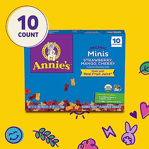 Annie's Organic Minis Bunny Fruit Flavored Snacks, Strawberry, Mango & Cherry, Gluten Free, 10 Pouches, 7 oz.