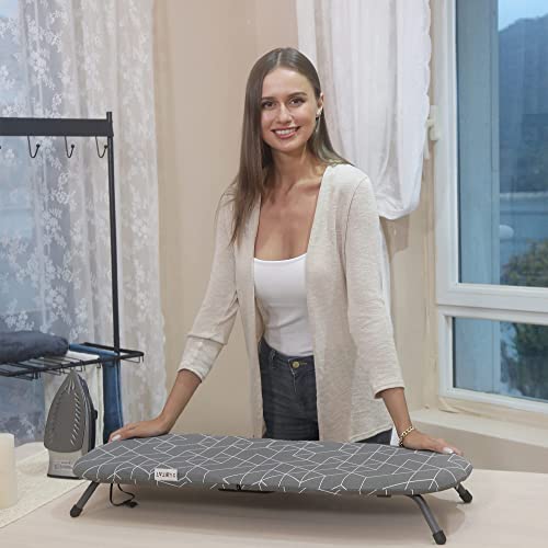 XABITAT Table Top Ironing Board W/Wall Mount | D-Crease | Portable Space Saving Mini Laundry Room| Foldable Small Ironing Board with Iron Holder | Grey