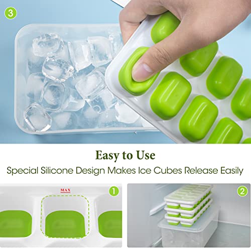 DOQAUS Ice Cube Tray with Lid and Bin, 4 Pack Silicone Plastic Ice Cube Trays for Freezer with Ice Box, Ice Trays with Ice Container, Stackable Ice Tray with Storage Ice Bucket,Ice Tong,Ice Scoop