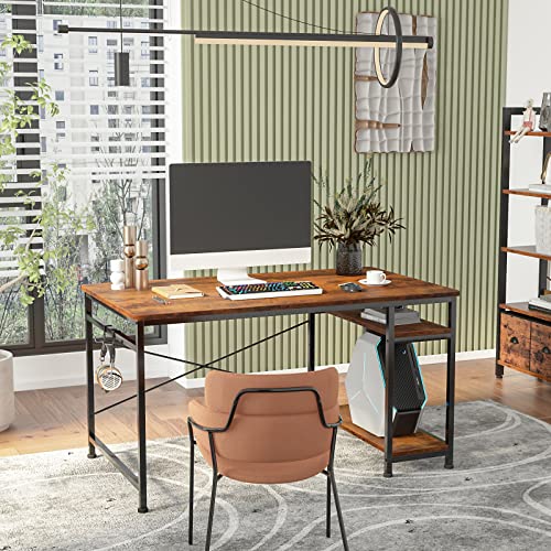 Engriy Writing Computer Desk 47", Home Office Study Desk with 2 Storage Shelves on Left or Right Side, Industrial Simple Style Wood Table Metal Frame for PC Laptop Notebook