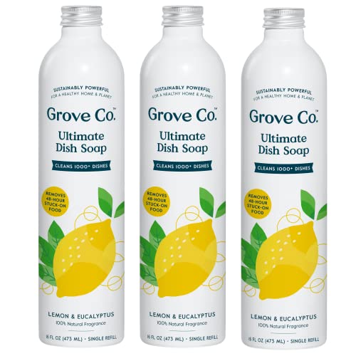 Grove Co. Ultimate Dish Soap Refills (3 x 16 Fl Oz) Removes 48-hr Stuck-on Food and Grease, Plastic Free Cleaning Products, 100% Natural Lavender Blossom & Thyme Fragrance