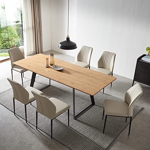 ZckyCine Modern mid-Century Dining Table Dining Table and Chairs for 6 Rectangular Wooden Dining Table Expandable Dining Table Space-Saving Multifunctional Dining Table (Table+6 Brown Chairs)