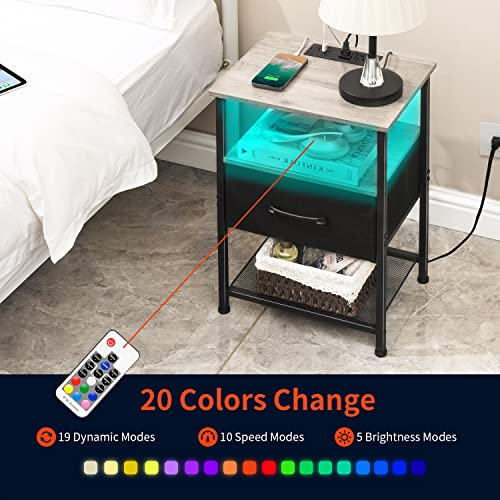 LAKEMID Nightstands Set of 2 with Charging Station and Drawer, End Table Bedside Table with 20 Colors LED Light Strip and 2 Layers Shelf for Bedroom Living Room Sofa (Rustic Brown)