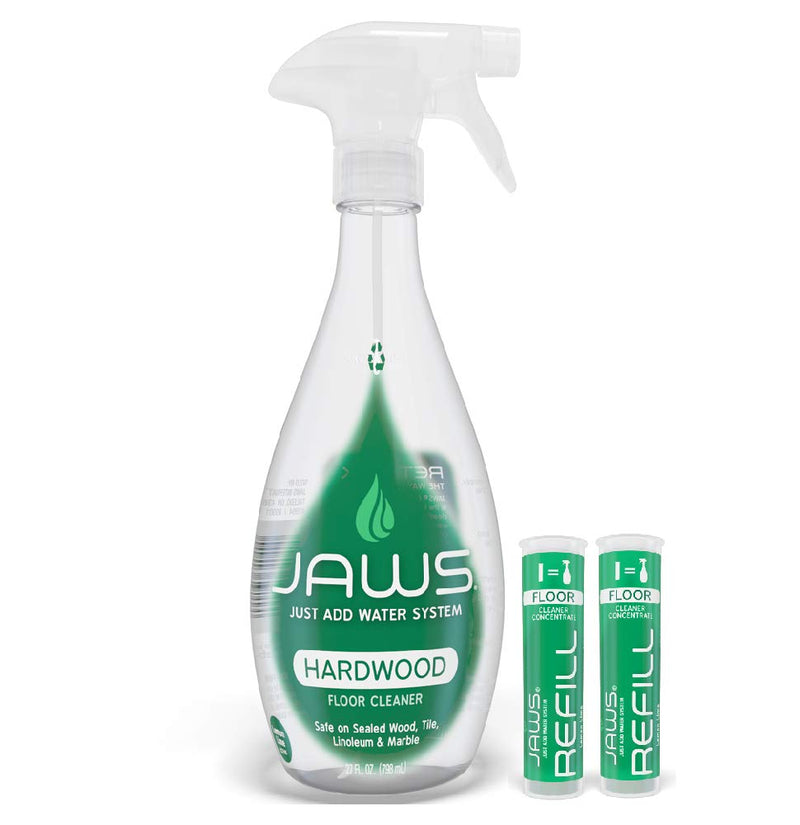 JAWS Hardwood Floor Cleaner Bottle with 2 Refill Pods. Refillable Cleaning Supplies.