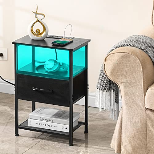 LAKEMID Nightstands Set of 2 with Charging Station and Drawer, End Table Bedside Table with 20 Colors LED Light Strip and 2 Layers Shelf for Bedroom Living Room Sofa (Rustic Brown)