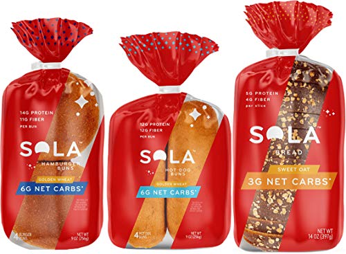 Sola Low Carb Sweet & Buttery Variety Pack, 1 Sweet & Buttery Bread, 1 Golden Wheat Hot Dog Buns, 1 Golden Wheat Hamburger Buns, (Pack of 3) (Shipping Only)