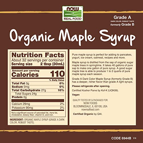 NOW Foods, Certified Organic Maple Syrup, Grade A Dark Color, Certified Non-GMO, Pure, Robust Taste, 16-Ounce