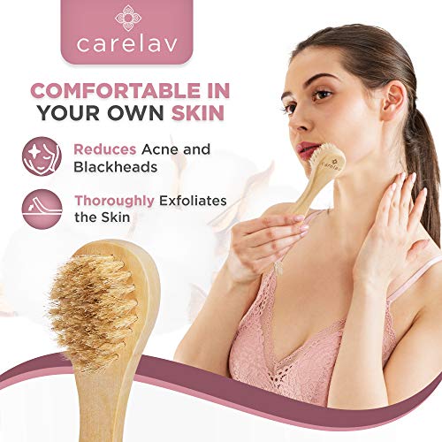 Premium Dry Brushing Body Brush Set, Medium Boar Bristles Dry Scrub Brushes for Face Exfoliating, Cleansing & Lymphatic Drainage, Skin Beauty Brush with Handle + Face Brush + Shower Gloves