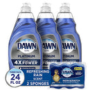 Dawn Dish Soap Platinum Dishwashing Liquid + Non-Scratch Sponges for Dishes, Refreshing Rain Scent, Includes 3x24oz + 2 Sponges (Packaging May Vary)