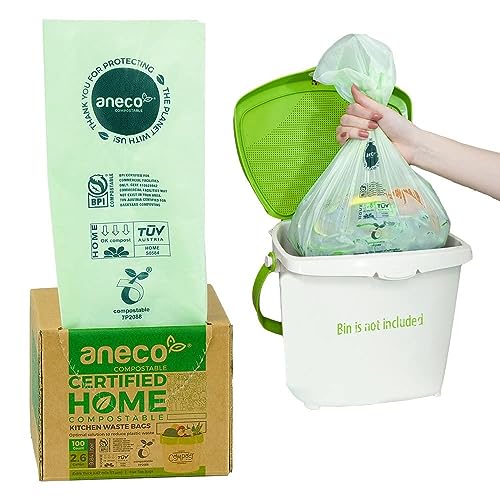 ANECO 100% Compostable Trash Bags 2.6 Gallon, Extra Thick Kitchen Small Compost Bags for Countertop Bin (100 Count)