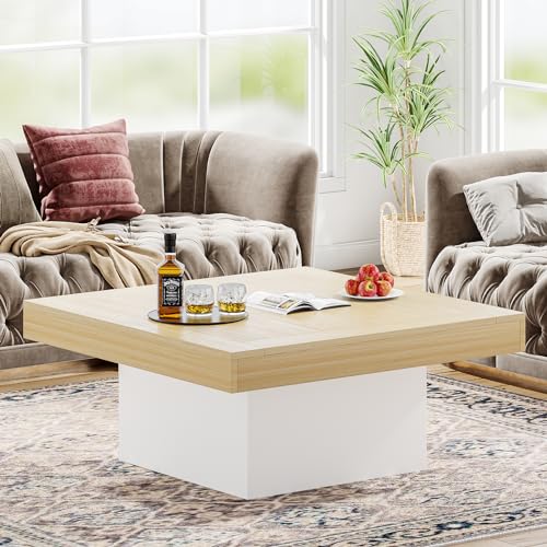 Tribesigns Square LED Coffee Table Maple & White Engineered Wood Coffee Table Low Coffee Table for Living Room Rustic Farmhouse Coffee Table