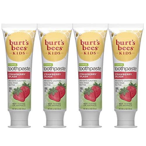 Burt’s Bees Kids Toothpaste, Strawberry Flavor, with Fluoride, Strawberry Splash, 4.7 oz, Pack of 4