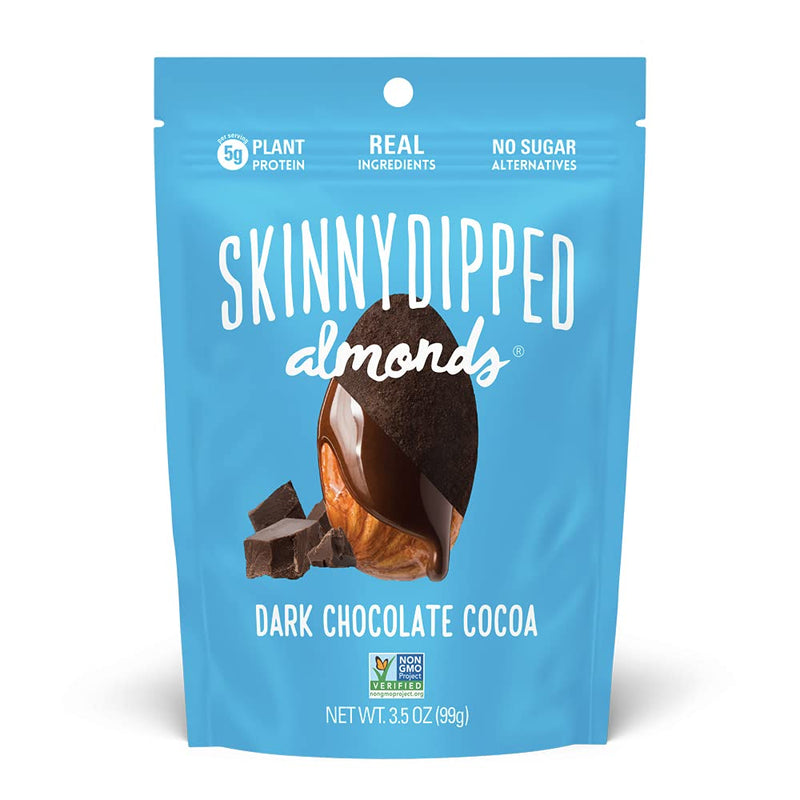 SkinnyDipped Dark Chocolate Cocoa Almonds, Healthy Snack, Plant Protein, Gluten Free, 3.5 Oz Resealable Bag, Pack of 1