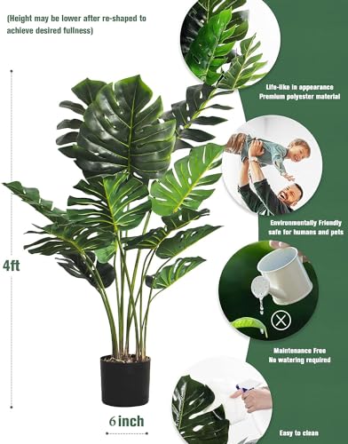 FLOWORLD Artificial Monstera Plant 4FT Tall Fake Swiss Cheese Plant Potted Faux Tropical Floor Plants Indoor Decorative House Plants Artificial Palm Trees for Home Office Living Room Decor, 2 Pack