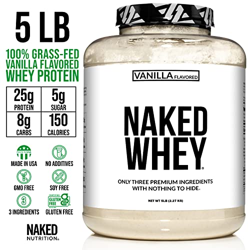 Naked WHEY 5LB 100% Grass Fed Unflavored Whey Protein Powder - US Farms, Only 1 Ingredient, Undenatured - No GMO, Soy or Gluten - No Preservatives - Promote Muscle Growth and Recovery - 76 Servings