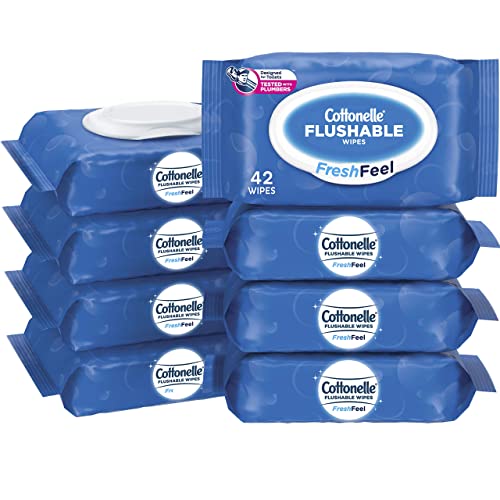 Cottonelle FreshFeel Flushable Wet Wipes for Adults and Kids, 8 Flip-Top Packs, 42 Wipes per Pack (336 Wipes Total)