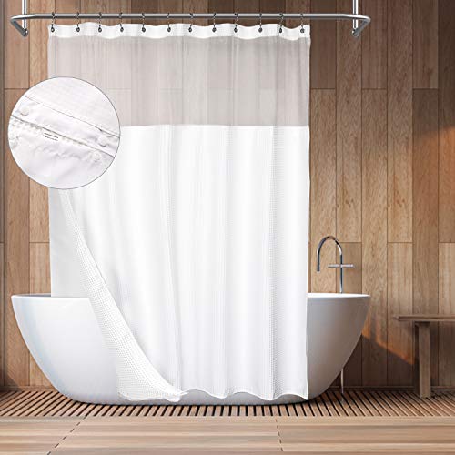 Hotel Style Cotton Shower Curtain with Snap-in Fabric Liner, Mesh Window Top, Honeycomb Waffle Weave Cotton Blend Fabric, Washable, White, 72x72 Inches