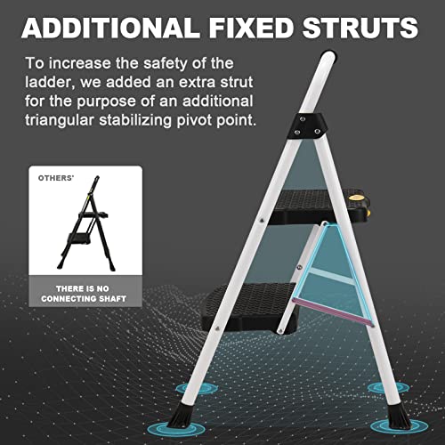 HBTower 3 Step Ladder, Folding Step Stool with Wide Anti-Slip Pedal, 500lbs Sturdy Steel Ladder, Convenient Handgrip, Lightweight, Portable Steel Step Stool, Black