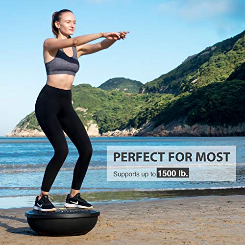 ZELUS 25in. Balance Ball | 1500lb Inflatable Half Exercise Ball Wobble Board Balance Trainer w Nonslip Base | Half Yoga Ball Strength Training Equipment w 2 Bands, Pump, Extra Ball Included (Black)