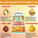 Natural Vitamin C - 100% from Rose Hips, Acerola Cherry and Camu Camu Superfruit 500mg - High Absorption - Immune Support, Skin, Joint and Collagen Booster with Citrus Biflavanoids - 120 Capsules