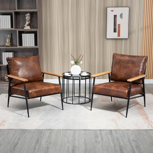 GYI Brown Leather Accent Chair Set of 2, 23.6'' Wide Armchair Set of 2, Industrial Black Metal Frame Accent Chairs with Wood Arms, Mid-Century Modern Comfy Sofa Chair for Living Room, Bedroom