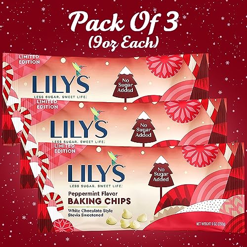 Lily’s Peppermint Baking Chips Bags, Delicious Peppermint Flavor White Chocolate Style Stevia Sweetened Bites Gluten Free & No Sugar Added, Delicious Christmas Indulgence Homemade Confection, 3 Count