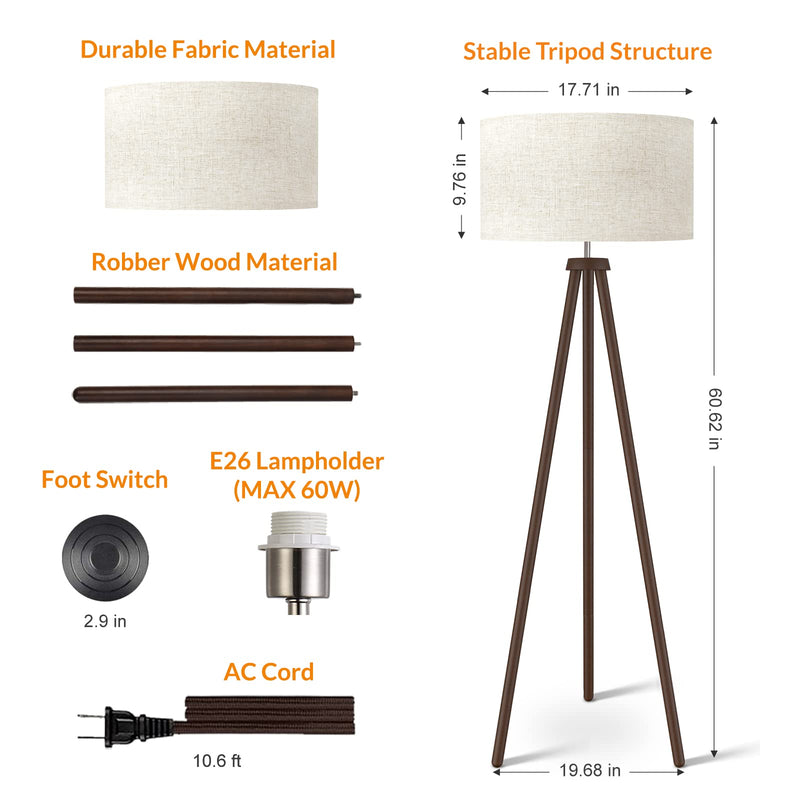 LEPOWER Wood Tripod Floor Lamp, Mid Century Standing Lamp for Living Room, Flaxen Lamp Shade, Modern Design Standing Lamp with E26 Lamp Base, Tall Floor Lamp for Bedroom, Study Room and Office