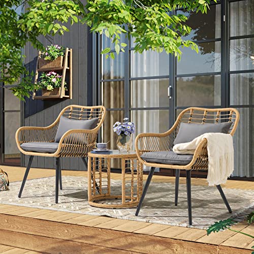 JOIVI 3 Piece Outdoor Wicker Furniture Bistro Set, Patio Rattan Conversation Set with Round Glass Top Coffee Side Table, Cushions and Lumbar Pillows for Porch, Backyard, Deck