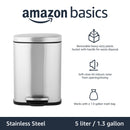 Amazon Basics Smudge Resistant Small Rectangular Trash Can With Soft-Close Foot Pedal, Brushed Stainless Steel, 5 Liter/1.32 Gallon,7.3 x 8.5 x 11.8 inches (LxWxH), Satin Nickel Finish