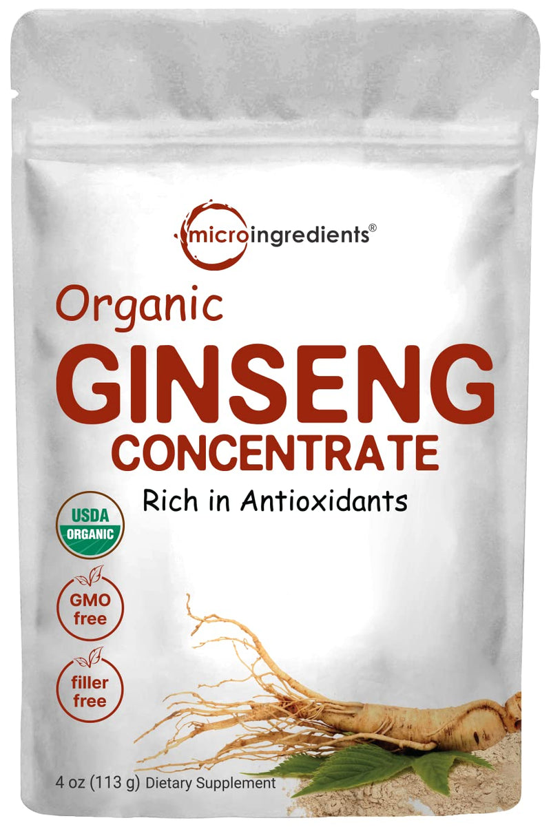 Micro Ingredients Maximum Strength Organic Korean Ginseng Root 200:1 Powder, 4 Ounce, Red Panax Ginseng Powder, Active Ginsenosides, Vegan Friendly