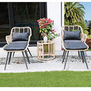 JOIVI 3 Piece Outdoor Wicker Furniture Bistro Set, Patio Rattan Conversation Set with Round Glass Top Coffee Side Table, Cushions and Lumbar Pillows for Porch, Backyard, Deck