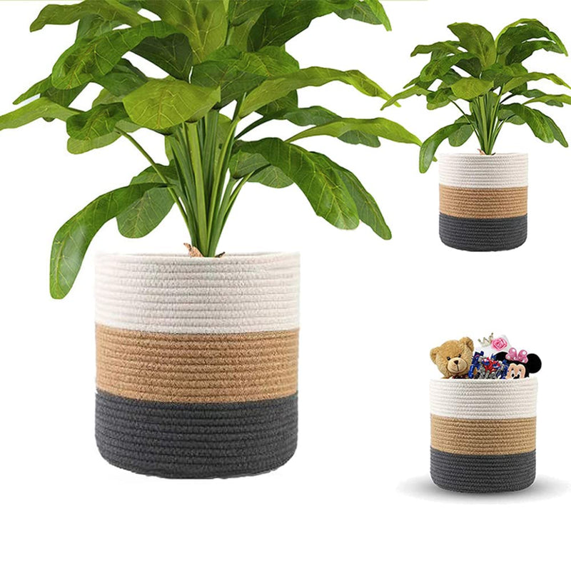 YDQUANI Woven Cotton Rope Plant Basket for Flower Pot Indoor Planters, 10" x 10" Jute Foldable Storage Basket Organizer Modern Decor Household Laundry Basket