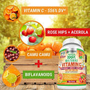 Natural Vitamin C - 100% from Rose Hips, Acerola Cherry and Camu Camu Superfruit 500mg - High Absorption - Immune Support, Skin, Joint and Collagen Booster with Citrus Biflavanoids - 120 Capsules
