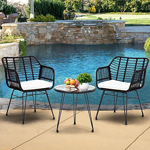 KROFEM 3 Piece Wicker Patio Bistro Furniture Set, Includes 2 Chairs and Glass Top Table, Ideal for Porch, Outdoor, Backyard, Apartment, Balcony Black Color