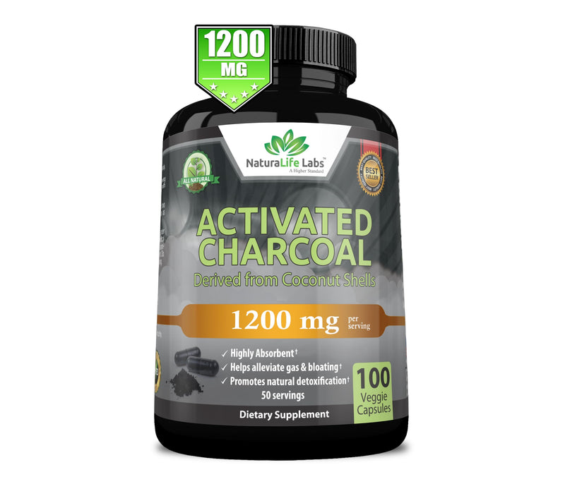 Activated Charcoal Capsules - 1,200 mg Highly Absorbent Helps Alleviate Gas & Bloating Promotes Natural detoxification Derived from Coconut Shells - per Serving - 100 Vegan Capsules