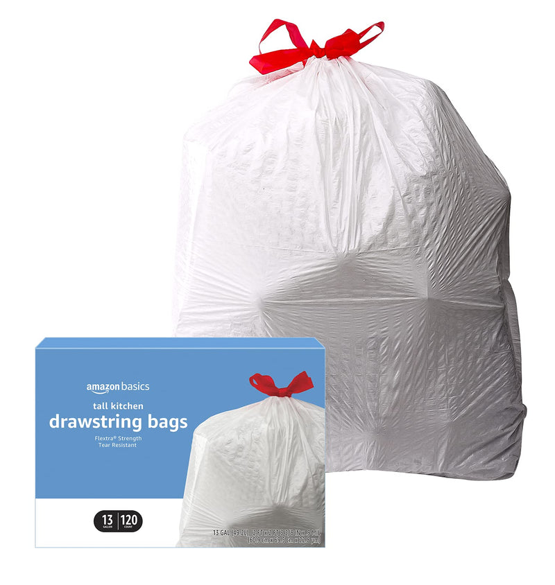 Amazon Basics Flextra Tall Kitchen Drawstring Trash Bags, 13 Gallon, Unscented, 50 Count