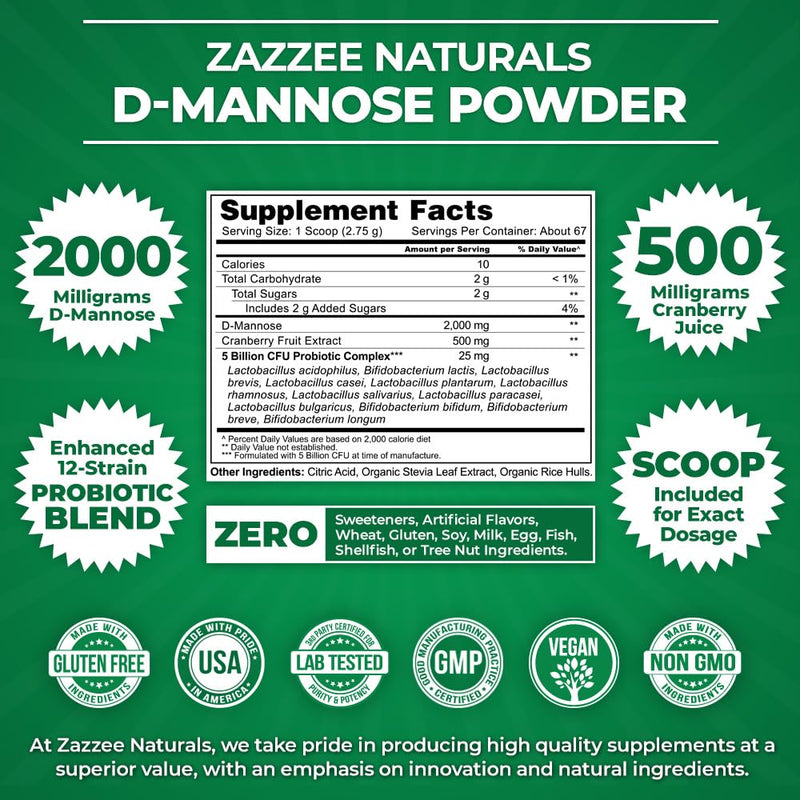 Zazzee D-Mannose Powder Plus, 2000 mg, 67 Servings, Potent & Fast-Acting, Plus 5 Billion CFU Probiotics and Pure Cranberry Juice Extract, Free Scoop, 6.5 Oz, Vegan, Gluten-Free, Non-GMO, All-Natural