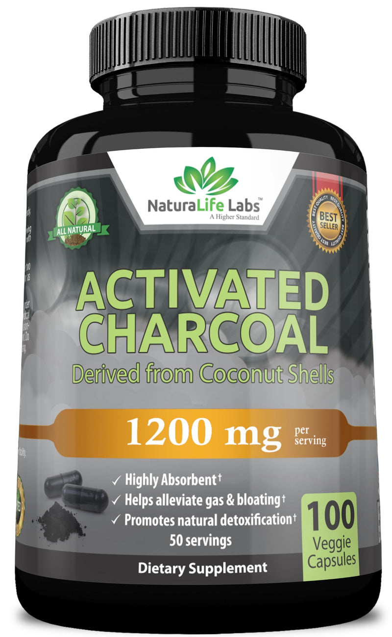 Activated Charcoal Capsules - 1,200 mg Highly Absorbent Helps Alleviate Gas & Bloating Promotes Natural detoxification Derived from Coconut Shells - per Serving - 100 Vegan Capsules