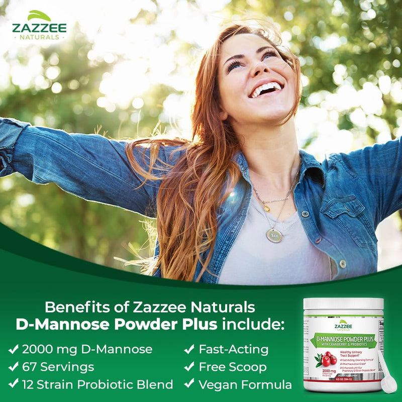 Zazzee D-Mannose Powder Plus, 2000 mg, 67 Servings, Potent & Fast-Acting, Plus 5 Billion CFU Probiotics and Pure Cranberry Juice Extract, Free Scoop, 6.5 Oz, Vegan, Gluten-Free, Non-GMO, All-Natural