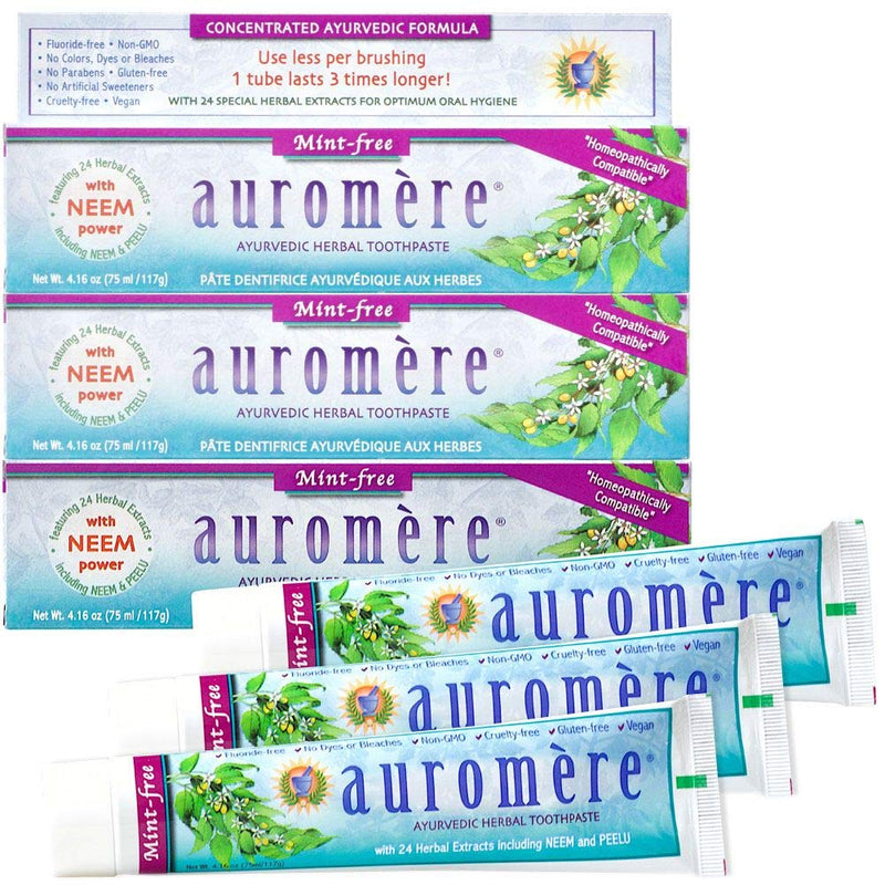 Auromere Ayurvedic Herbal Toothpaste, Mint Free - Vegan, Natural, Non GMO, Fluoride Free, Gluten Free, with Neem & Peelu (4.16 oz), 2 Pack