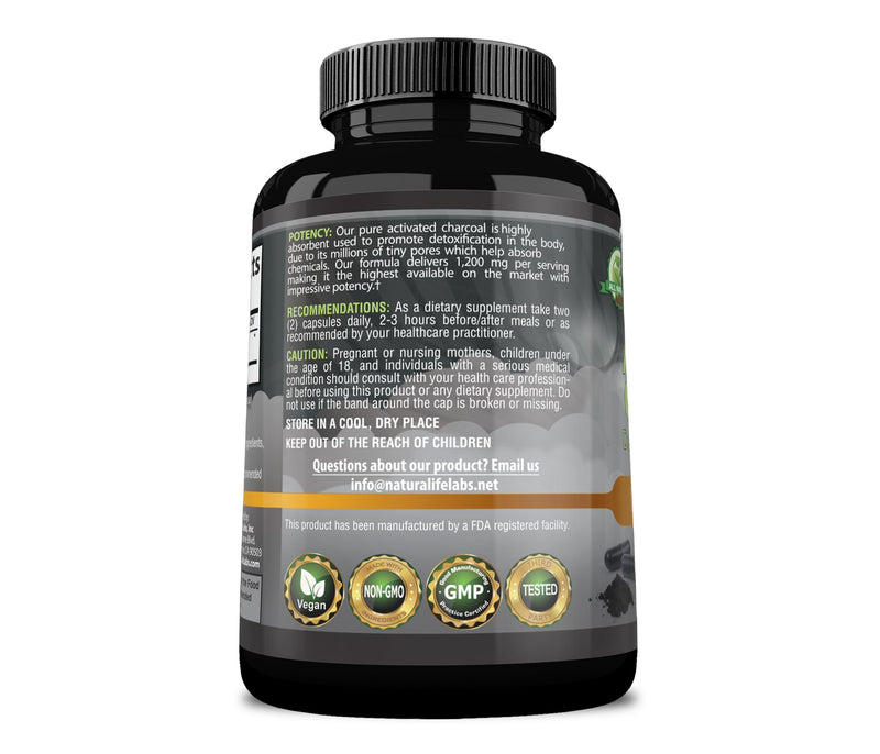 Activated Charcoal Capsules - 1,200 mg Highly Absorbent Helps Alleviate Gas & Bloating Promotes Natural detoxification Derived from Coconut Shells - per Serving - 100 Vegan Capsules