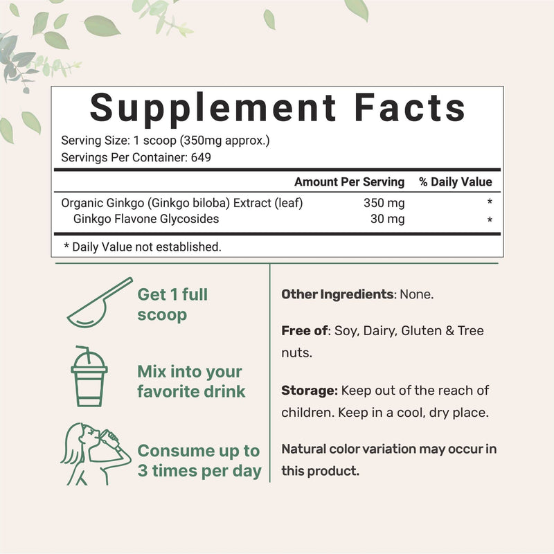 Micro Ingredients Raw Organic Ginkgo Biloba Powder, 8 Ounce (18 Months Supply), Filler Free, Supports Brain Function and Mental Alertness, No GMOs and Vegan Friendly