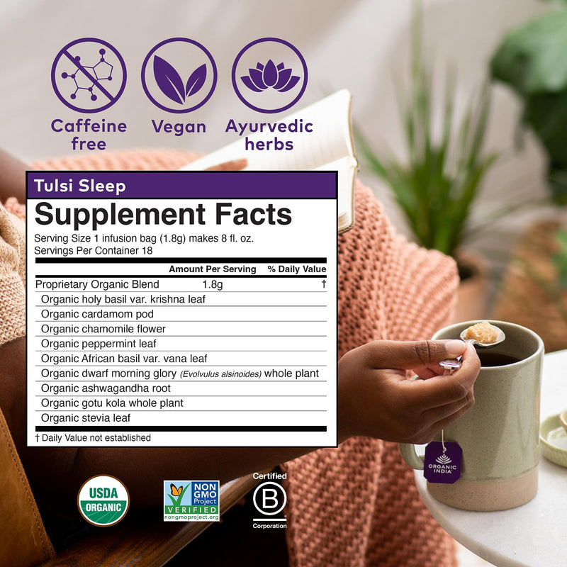 Organic India Tulsi Sleep Herbal Tea - Holy Basil, Stress Relieving & Relaxing, Immune Support, Balances Sleep Cycles, Vegan, USDA Certified Organic, Non-GMO, Caffeine-Free - 18 Infusion Bags, 6 Pack