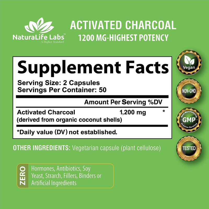 Activated Charcoal Capsules - 1,200 mg Highly Absorbent Helps Alleviate Gas & Bloating Promotes Natural detoxification Derived from Coconut Shells - per Serving - 100 Vegan Capsules