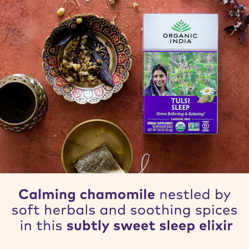 Organic India Tulsi Sleep Herbal Tea - Holy Basil, Stress Relieving & Relaxing, Immune Support, Balances Sleep Cycles, Vegan, USDA Certified Organic, Non-GMO, Caffeine-Free - 18 Infusion Bags, 6 Pack
