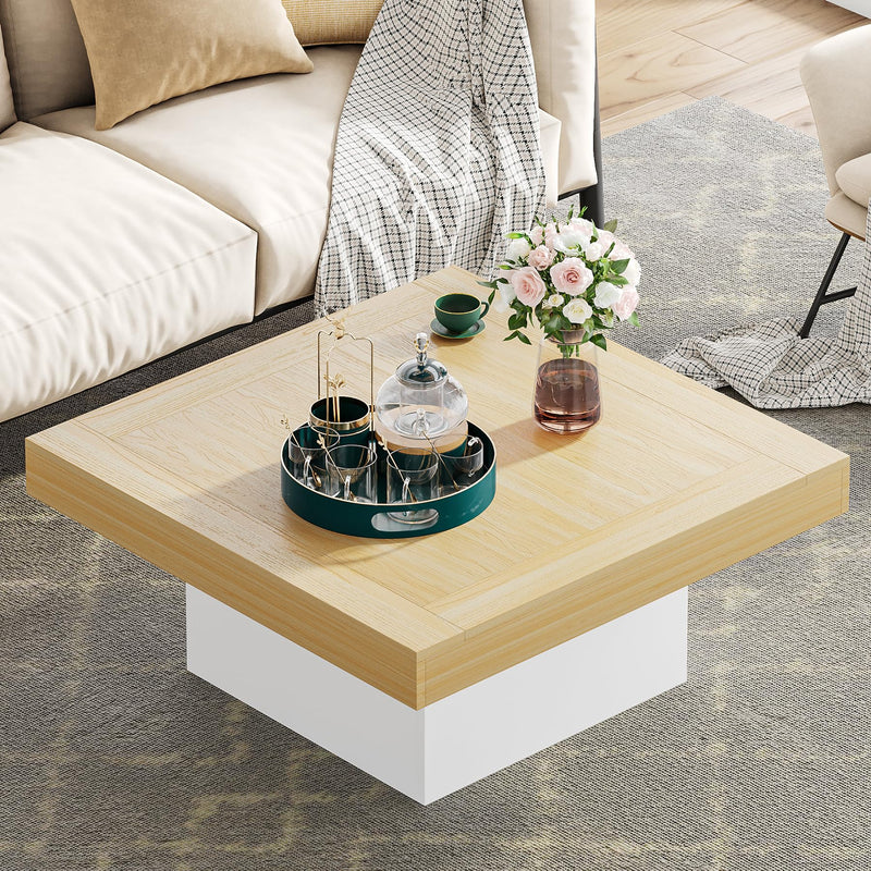 Tribesigns Square LED Coffee Table Maple & White Engineered Wood Coffee Table Low Coffee Table for Living Room Rustic Farmhouse Coffee Table